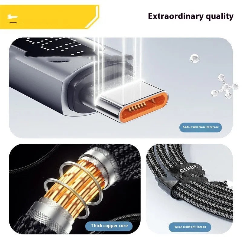 Silver grey aluminium alloy digital display data cable with Type-C connector and LED display showing charging status