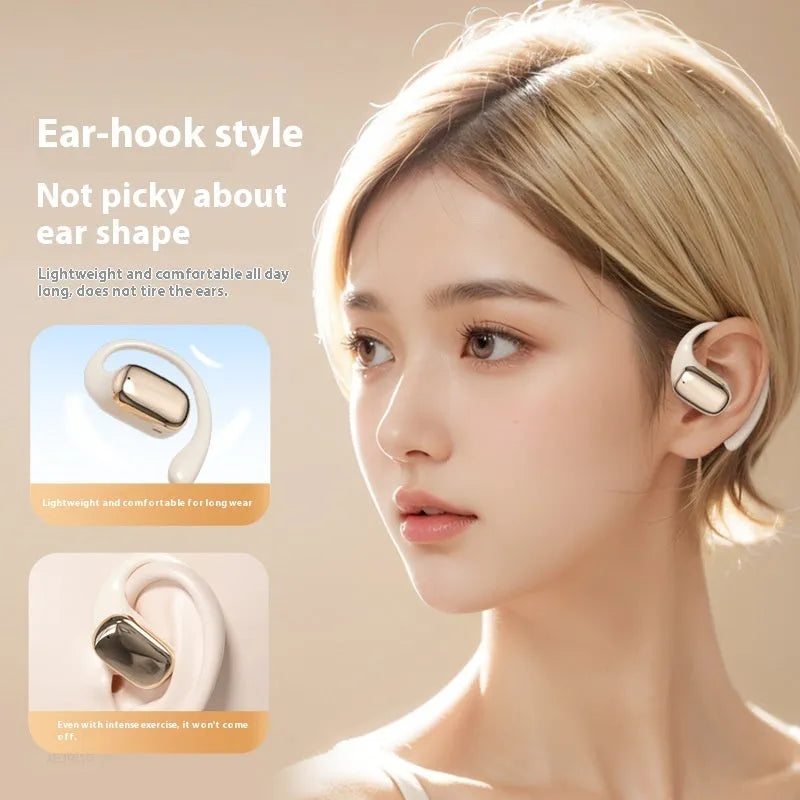 Ear-mounted headphones with digital display screen in black, white, or skin colour options