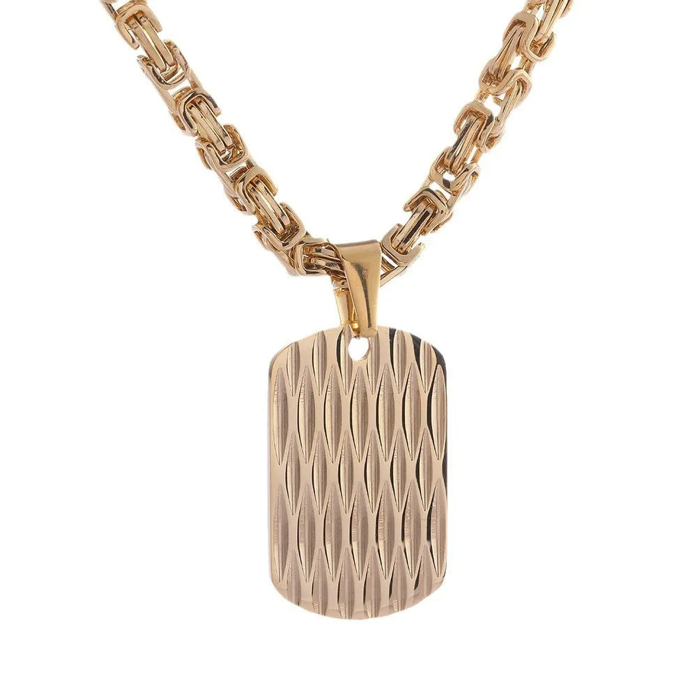 Men's titanium steel geometric water ripple pendant necklace on adjustable emperor chain in black, gold, or silver finish.