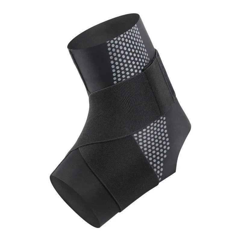 Black Lycra ankle support brace shown on adult foot for sports protection