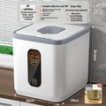 Grey plastic sealed rice storage jar with lid and measuring cup in 10kg, 20kg, or 30kg size.
