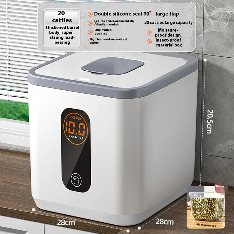 Grey plastic sealed rice storage jar with lid and measuring cup in 10kg, 20kg, or 30kg size.