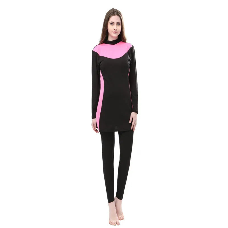 Conservative long sleeve hooded swimsuit for women in black with coloured trim