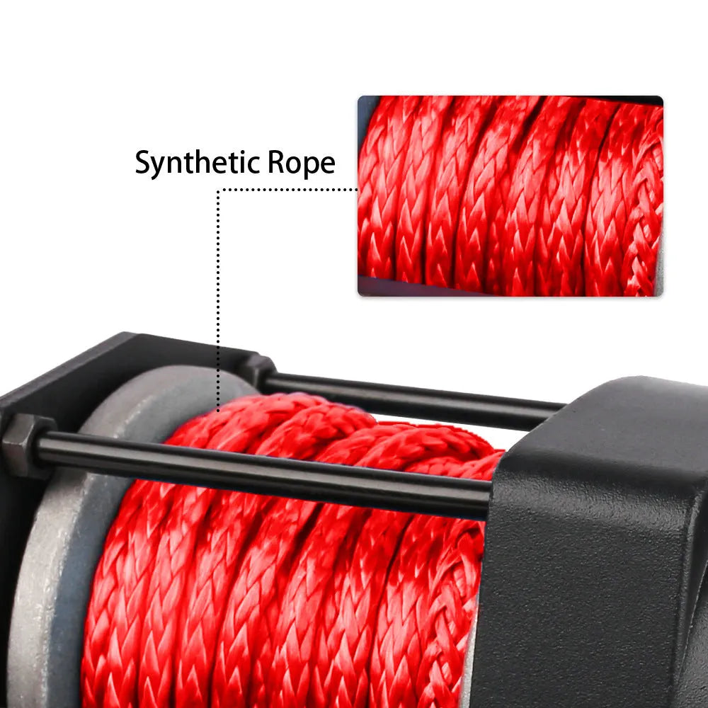 Black electric winch with nylon rope for off road vehicle self rescue use