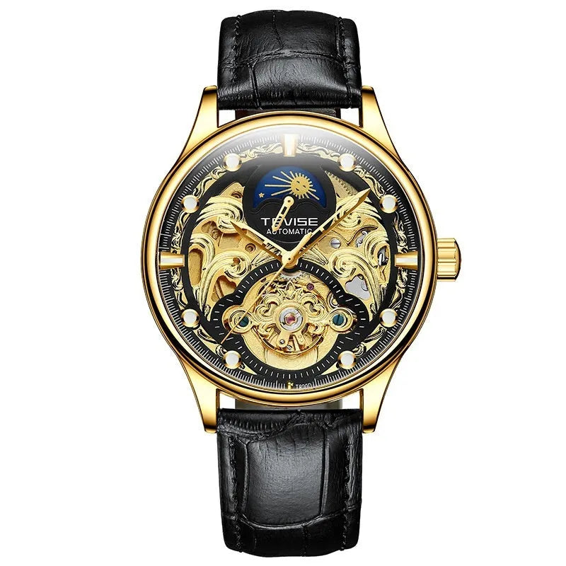 Men's gold leather strap waterproof automatic mechanical watch with analogue display.