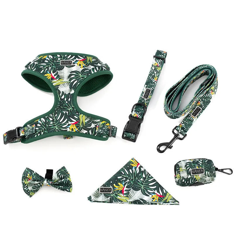 Adjustable cloth dog vest harness with haulage rope, collar, waste bag, bow tie, and scarf accessories