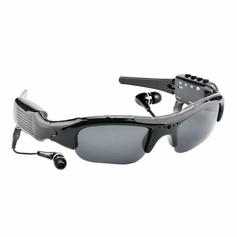 Black HD 1080P glasses camera sunglasses with polarized lens, 10x optical zoom, and 1.5 LCD screen.
