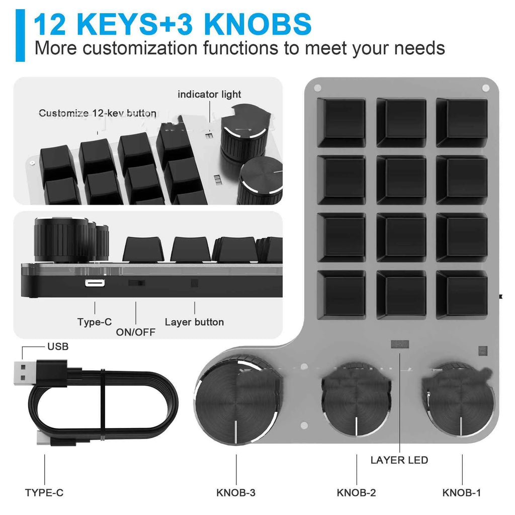 Bluetooth custom shortcut keyboard with 12 keys and 3 knobs, RGB lighting, black colour, placed on a desk