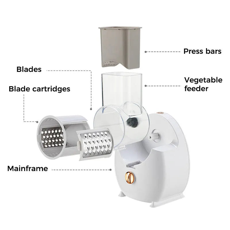 White electric vegetable slicer with multiple blades on suction base for kitchen use