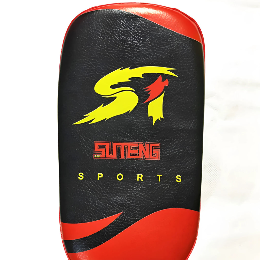 Square black and red hand-held martial arts target pad with strap, showing dimensions.