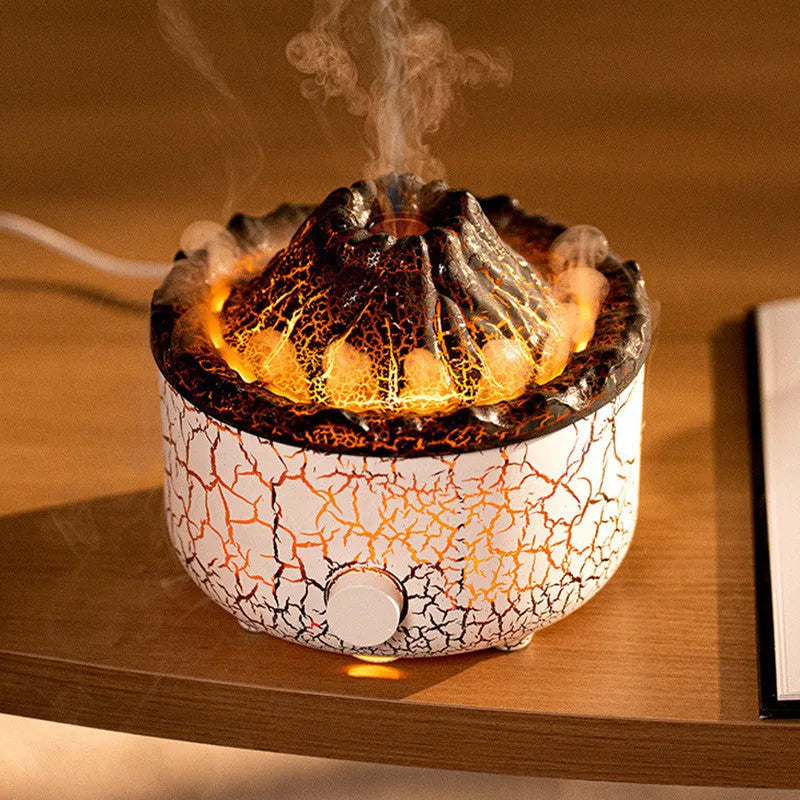 Column-shaped volcano humidifier emitting mist with colourful LED lights and remote control