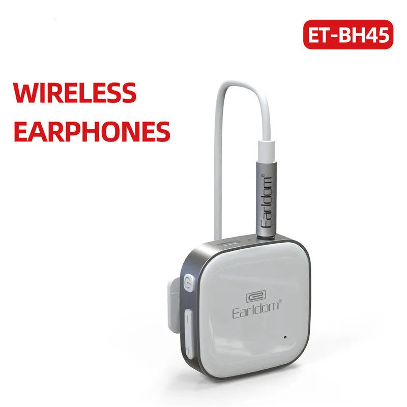 Black Bluetooth lavalier headset with earpiece and control unit, shown with packaging.