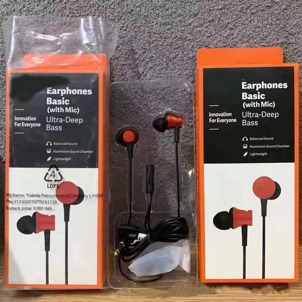 Piston style wired in-ear headphones with 3.5mm jack in black, blue, and red colour options.