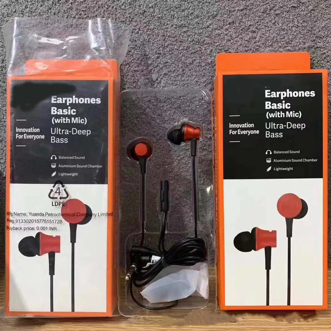 Piston style wired in-ear headphones with 3.5mm jack in black, blue, and red colour options.