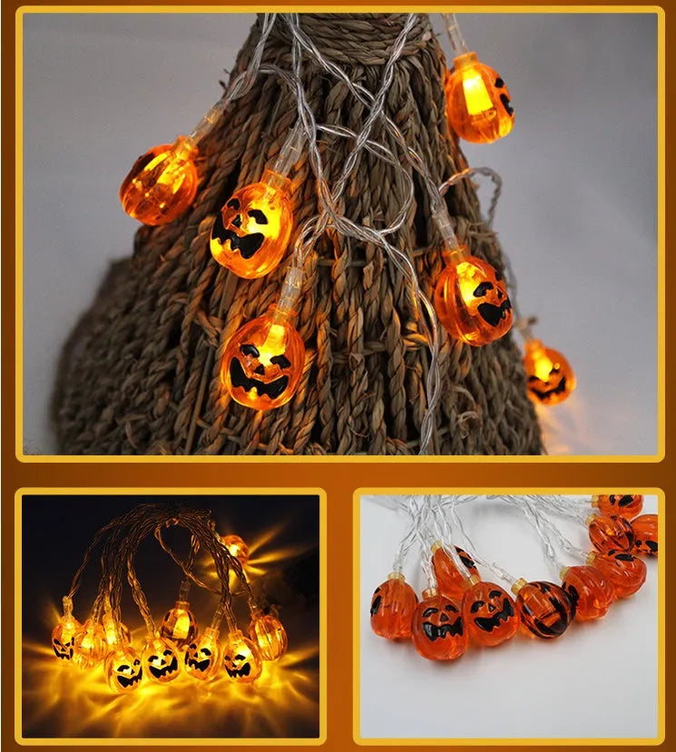 Halloween battery LED string lights with pumpkin, bat, and ghost pendants on a 1.2m waterproof string.