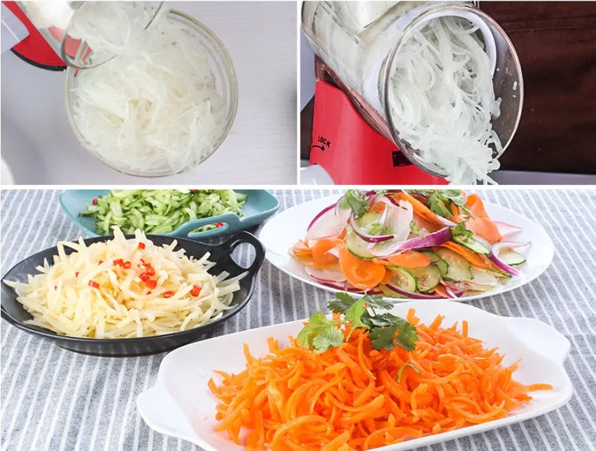 Manual round mandoline vegetable slicer with stainless steel blades in blue colour