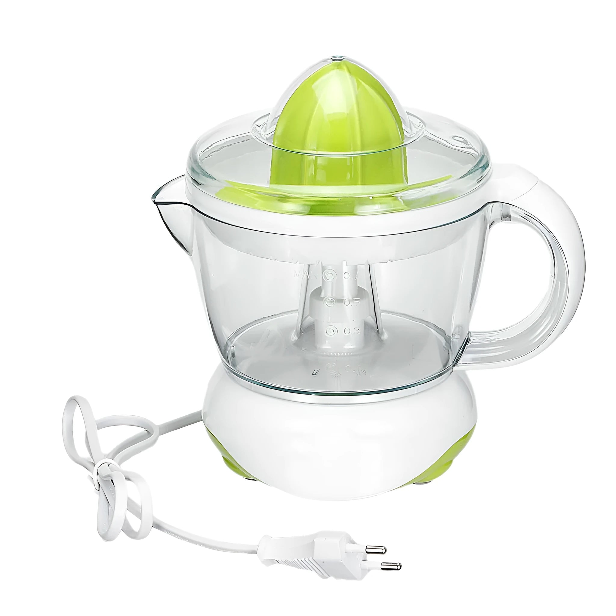 40W household orange juicer with plastic body, crescent feed mouth, and pulp box on a kitchen counter
