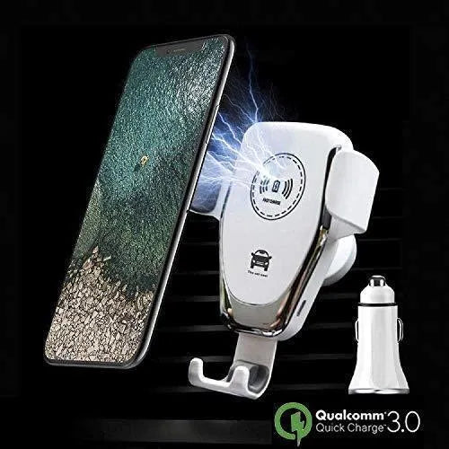 Black car wireless charger mount showing phone clamped automatically with ventilation installation