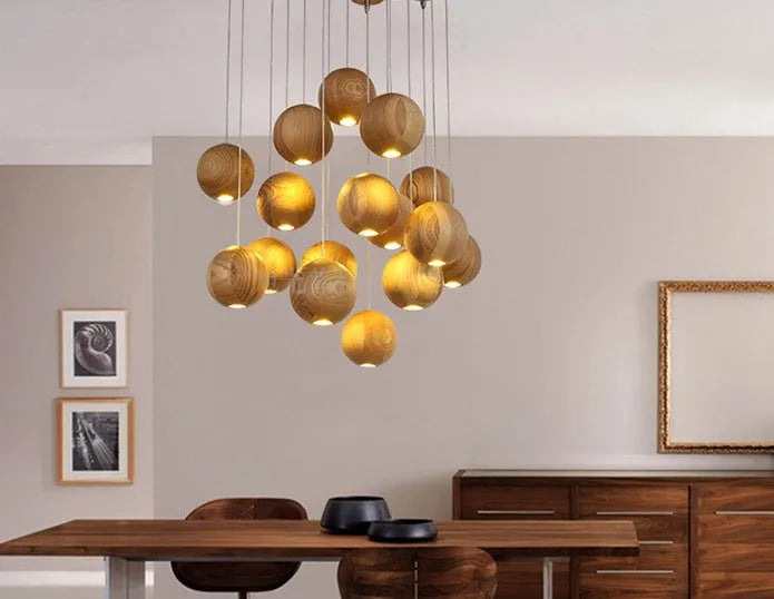 Nordic solid wood ball chandelier hanging lamp with adjustable cable