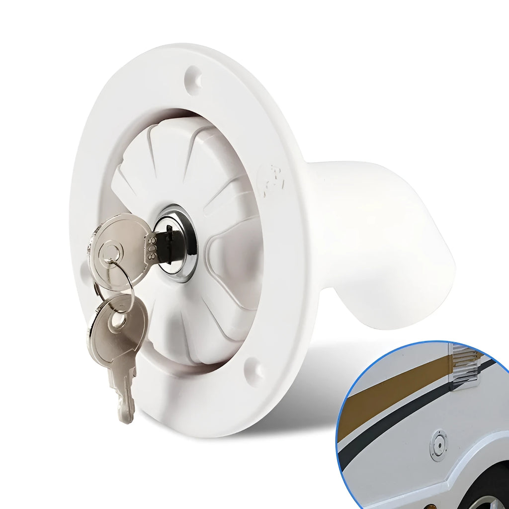 White RV gravity water filling port with 80mm hole and 38mm pipe inner diameter for recreational vehicles