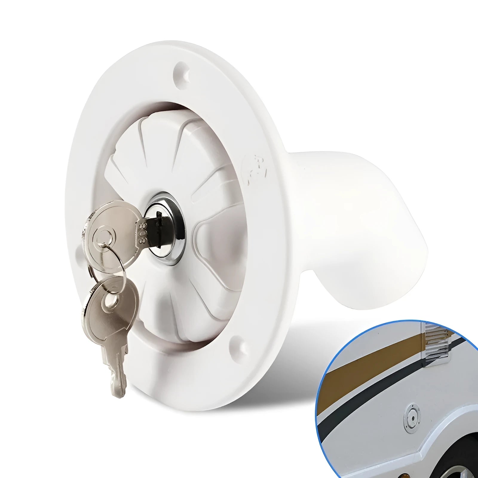 White RV gravity water filling port with 80mm hole and 38mm pipe inner diameter for recreational vehicles
