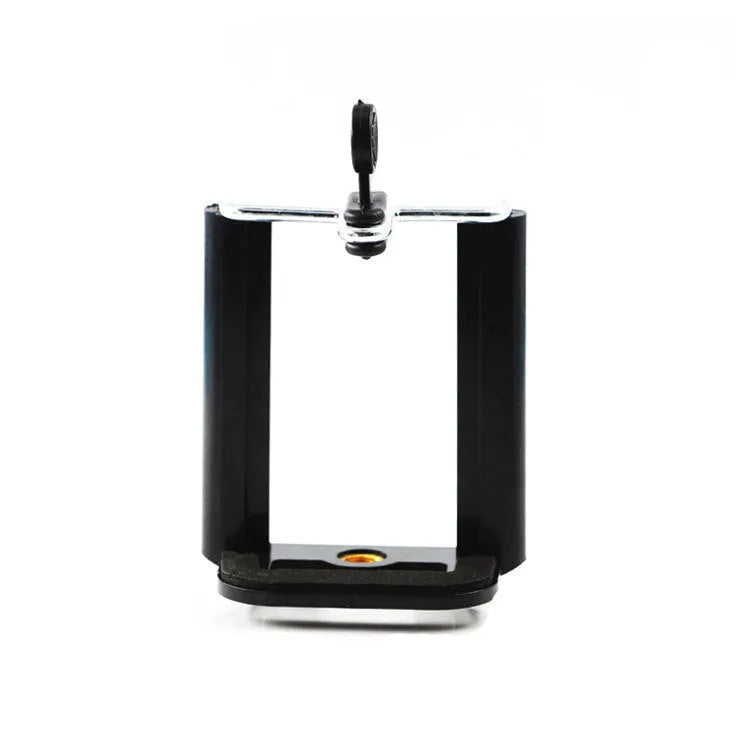 Black plastic mobile phone clip holder with universal hose bracket for versatile smartphone mounting