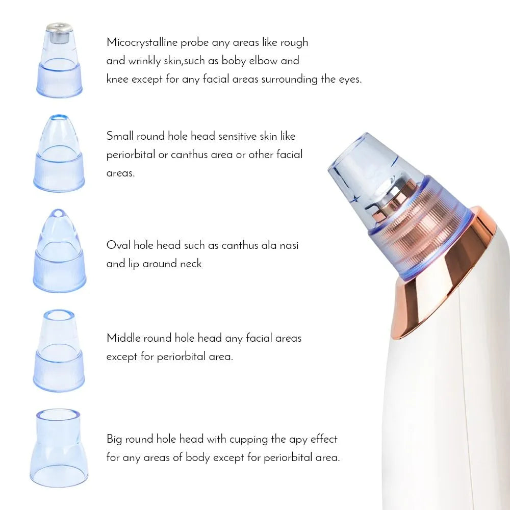 Electric blackhead remover pore cleaner tool with multiple nozzles on a white background.