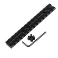 Black aluminium shotgun scope mount with 13-slot Weaver/Picatinny rail measuring 140mm length