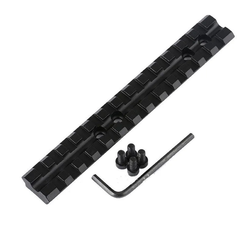 Black aluminium shotgun scope mount with 13-slot Weaver/Picatinny rail measuring 140mm length