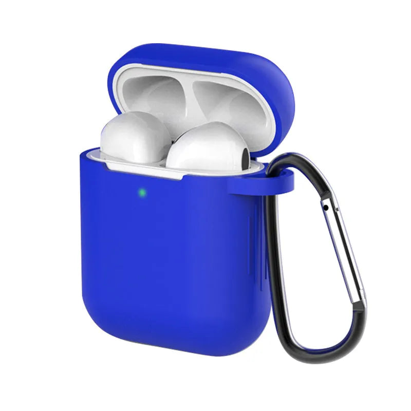 Liquid silicone clam-shell cover for Apple AirPods 1st and 2nd generation charging case.