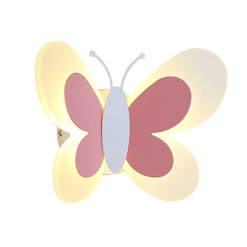 Butterfly-shaped acrylic children bedroom wall lamp in pink and white with cartoon design 240x170x105mm