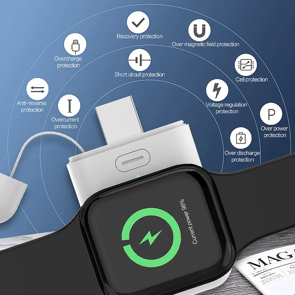 White portable wireless magnetic charger power bank for Apple Watch showing size scale.
