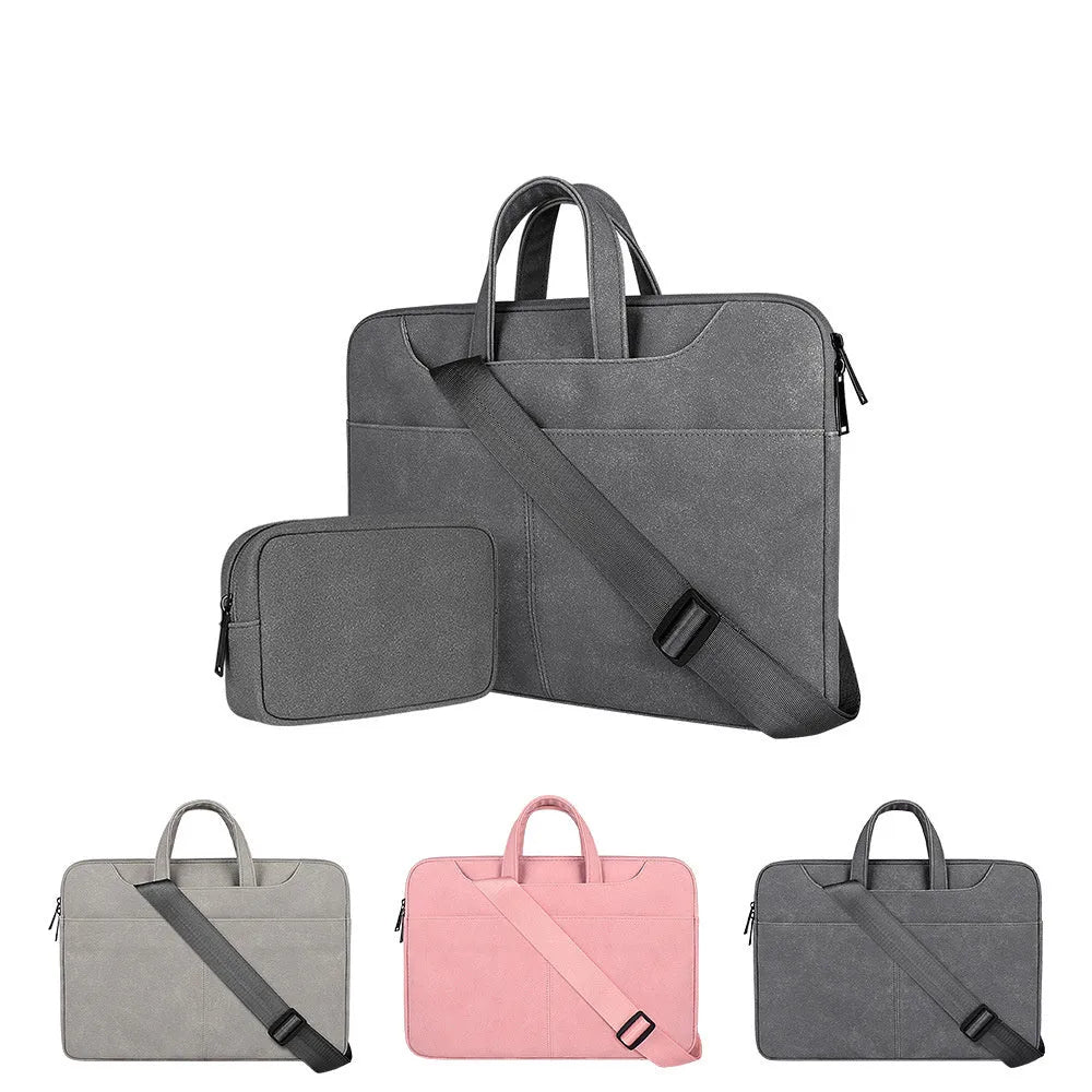Frosted PU leather laptop bag in light grey with lock, rain cover, and multiple pockets for 15.6in devices