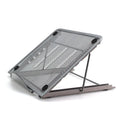 Cold-rolled steel adjustable laptop and tablet stand in multiple colours, shown folded and unfolded.