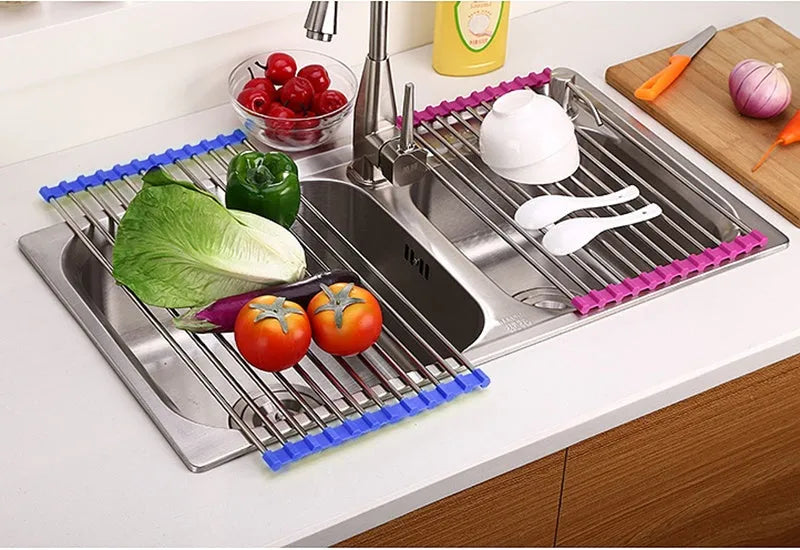 Folding stainless steel kitchen sink drain rack in red colour with multiple drainage tubes