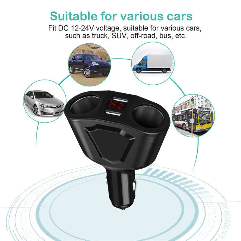 Dual USB multifunction car charger with LCD screen showing voltage, black colour, compact design for cars trucks and SUVs