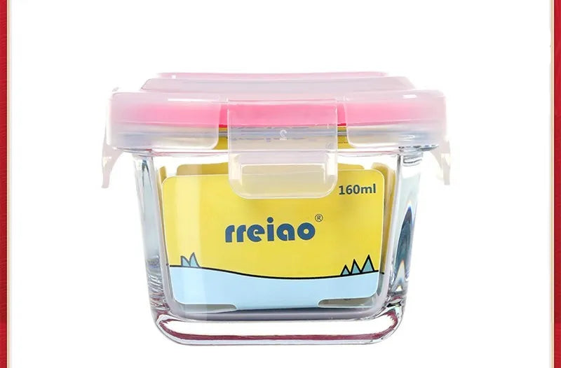 RREIAO 160ml infant food supplement box with glass body, silicone seal, and PP lid in blue colour on white background