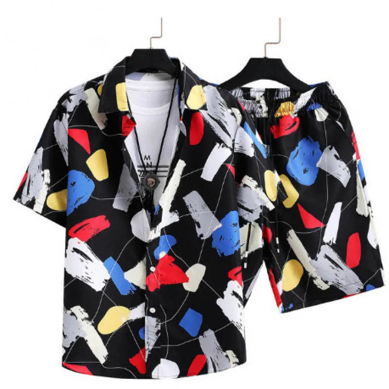 Men's digital print short sleeve shirt and matching shorts in elastic polyester fabric