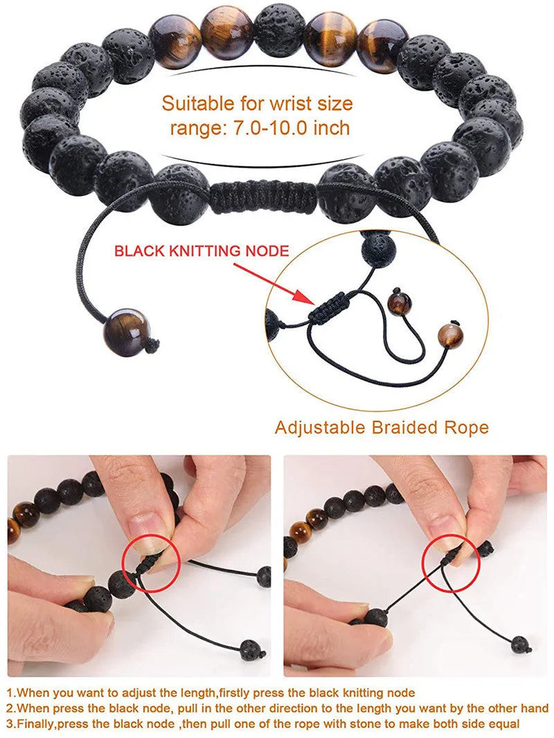 Matte black agate couple bracelets with geometric beads and tiger eye design