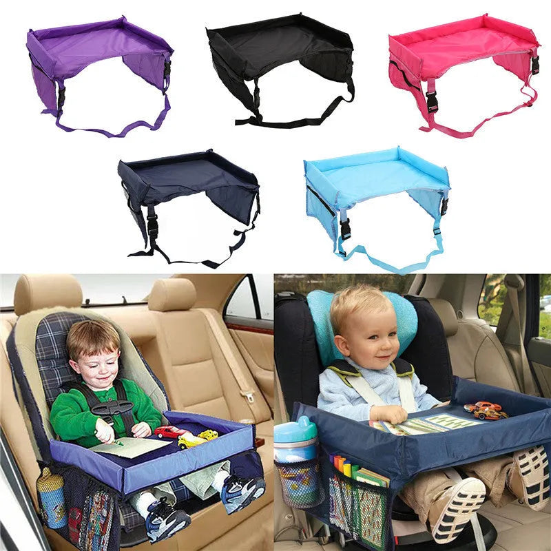 Dark blue waterproof polyester tray for children's toys on a car seat.