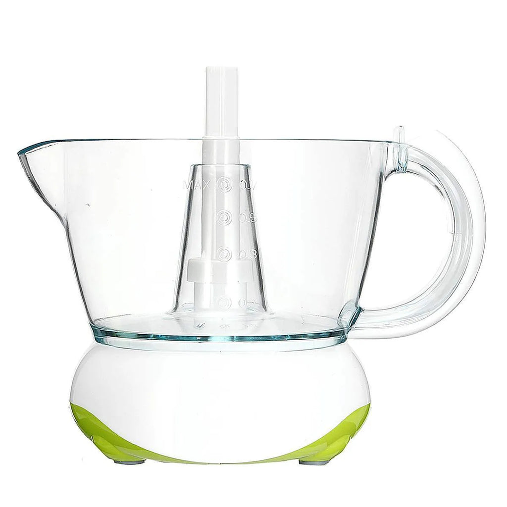 40W household orange juicer with plastic body, crescent feed mouth, and pulp box on a kitchen counter