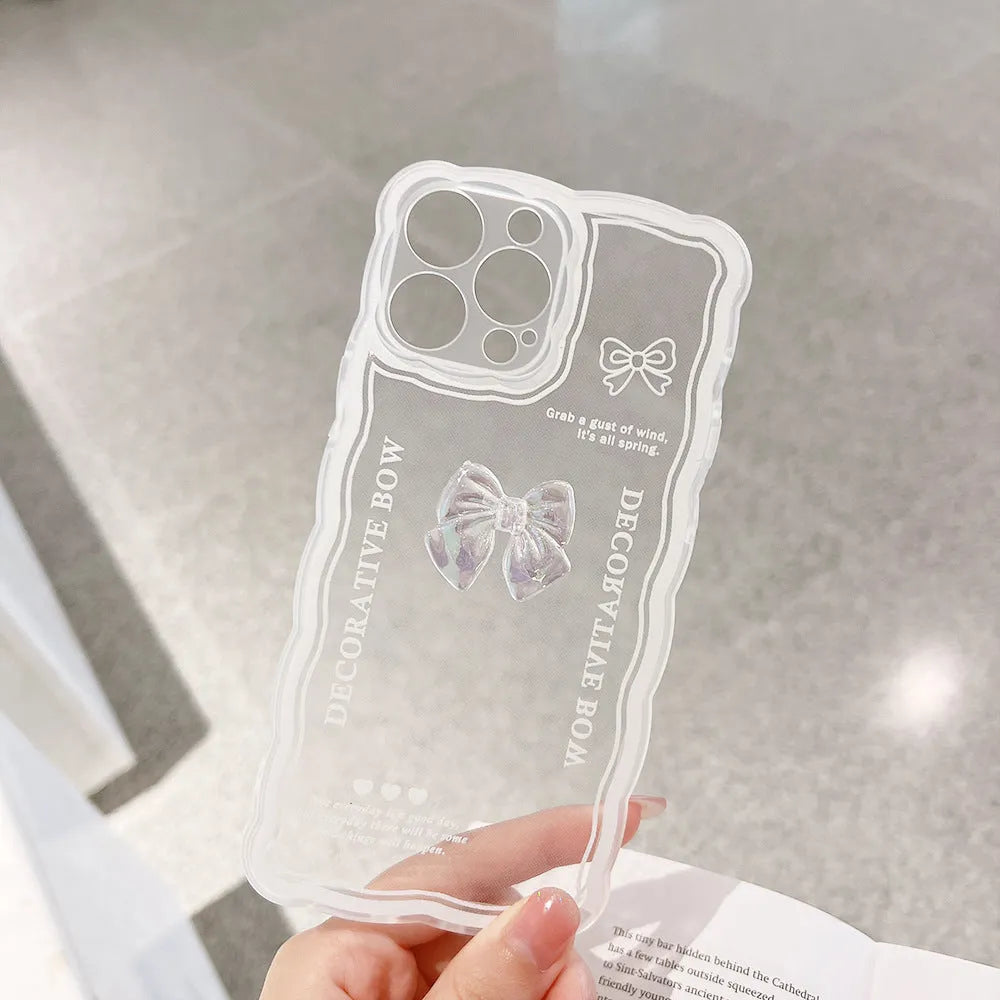 Transparent iPhone case with ice crystal bow design and white lanyard for multiple iPhone models