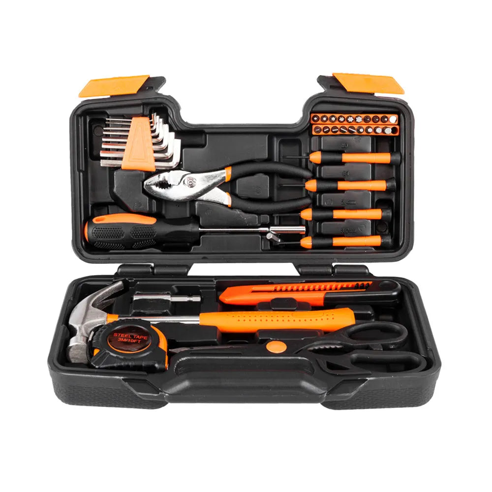 Orange 39 piece combination tool set with 45C carbon steel and chrome vanadium steel, 1.4 kg household kit