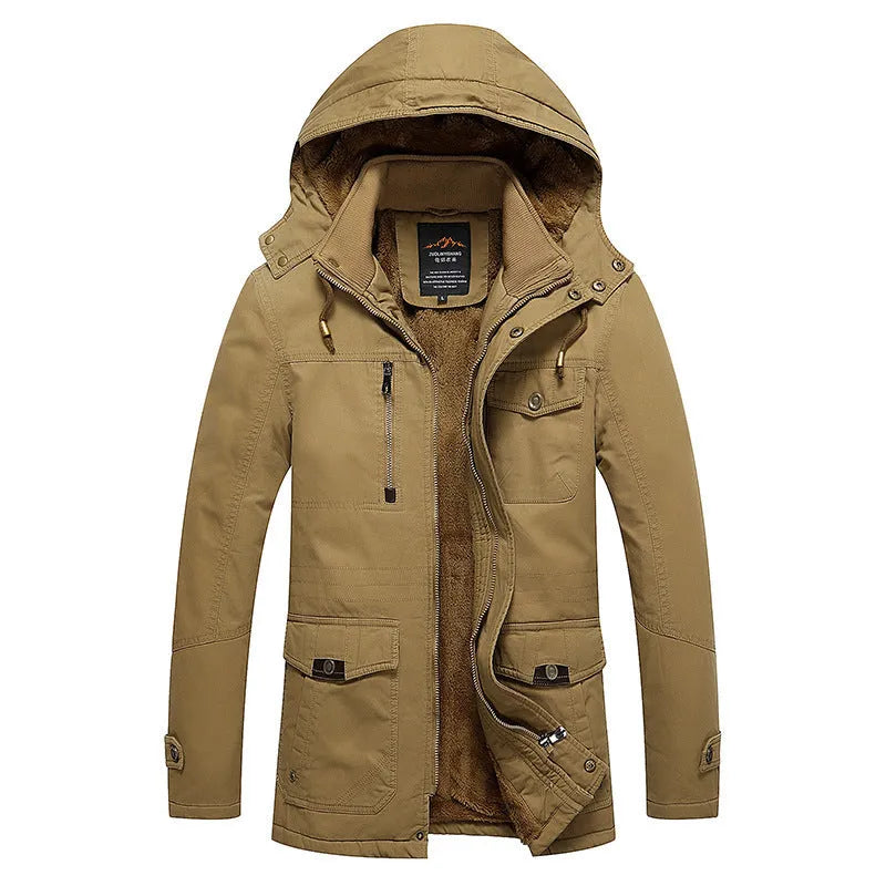 Men's fleece-lined cotton jacket in khaki, long sleeve, casual European style