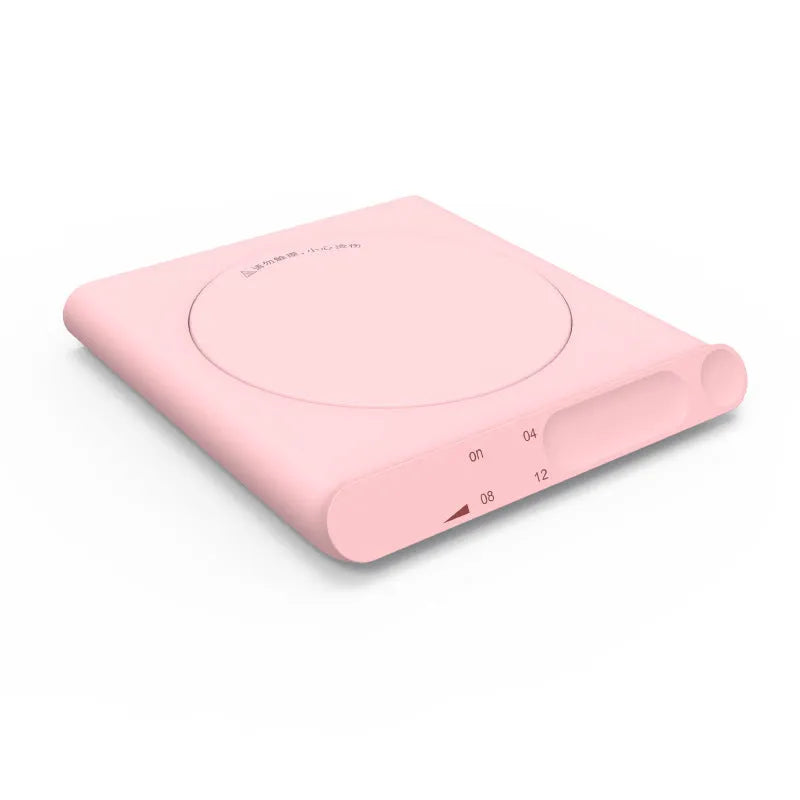 Pink USB heating cup pad with touch controls and automatic timer function