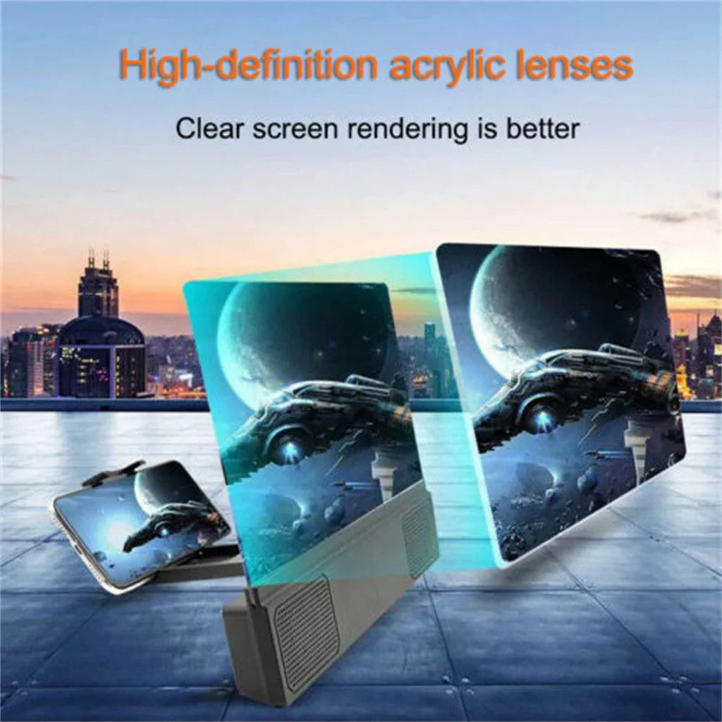 Smartphone screen amplifier with 12-inch lens and flexible gooseneck stand on a table
