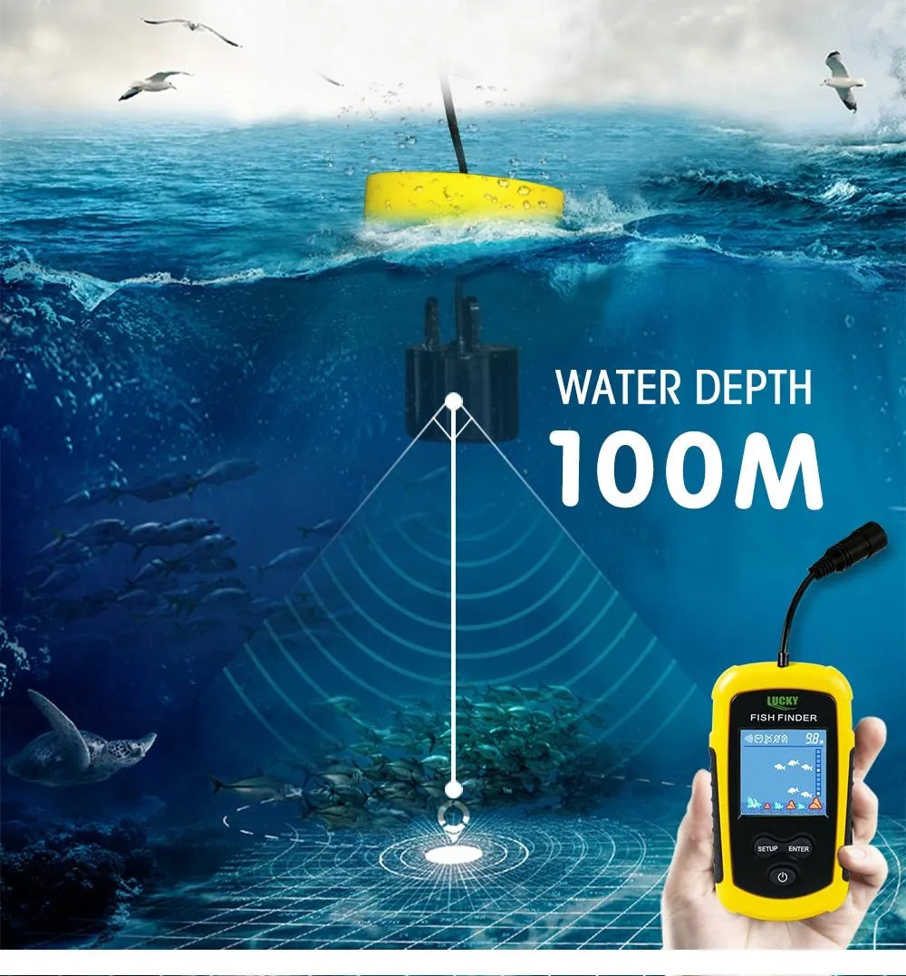 Yellow wired fish finder with 200KHZ sonar, 73m depth range, multi-language display