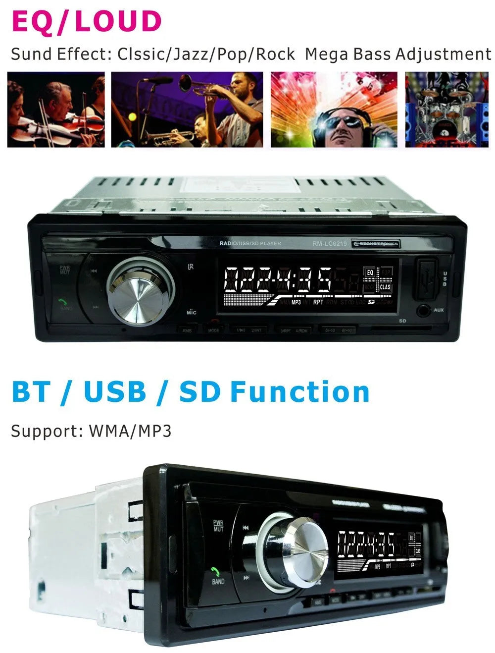 Black car stereo receiver with Bluetooth, USB, SD card slots, auxiliary input, and display screen