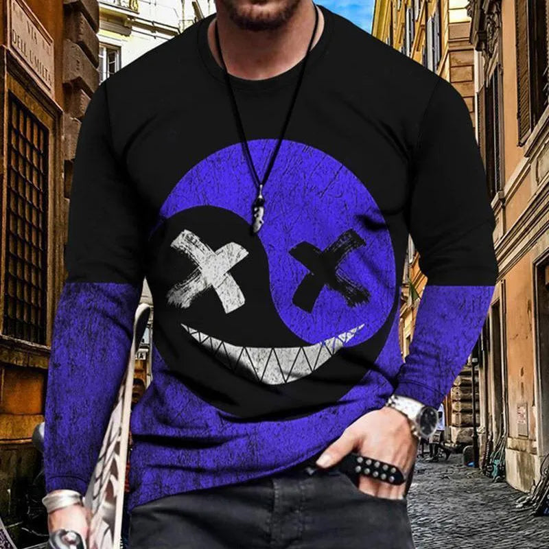 Mens slim fit crew neck long sleeve cotton T-shirt with geometric digital print on a plain background