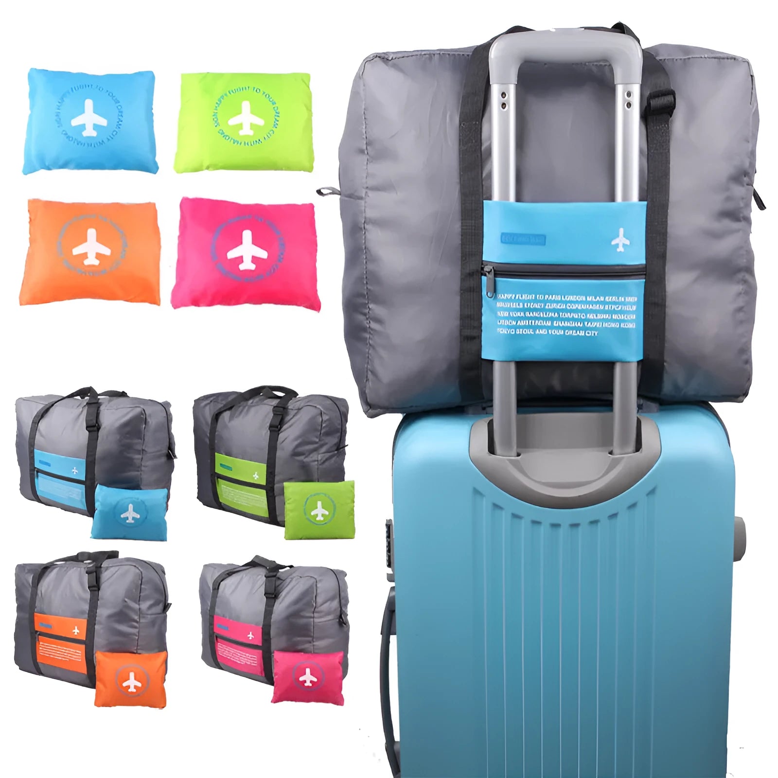Large capacity foldable nylon travel bag in blue, showing open storage and compact folded size on suitcase
